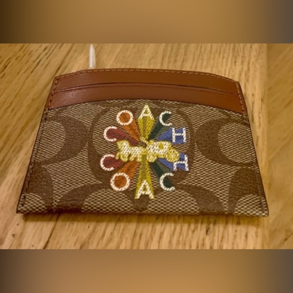 COACH Tan Coin and Card Holder with Colorful Logo
